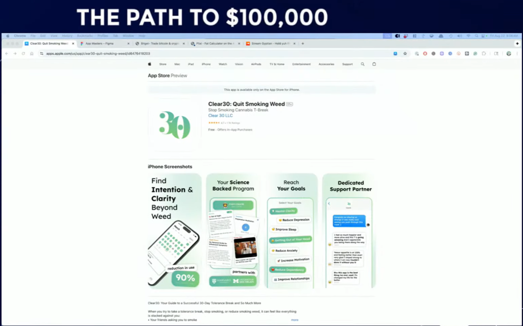App Store Preview page for Clear30: Quit Smoking Weed app. Highlights include iPhone screenshots showcasing program features such as science-backed content, goal tracking, and dedicated support partner.