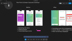 Before-and-after comparison slide for Clear30 app redesign titled 'Pain Point & Dream Outcome Overhaul.' The left side shows feature-heavy, fact-driven screens; the right side shows more narrative, future-focused screens with simplified messages."