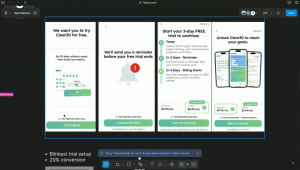 Clear30 paywall and trial setup screens. Steps show a free trial offer, reminder before the trial ends, a 3-day free trial with billing after, and subscription options for monthly or yearly plans.