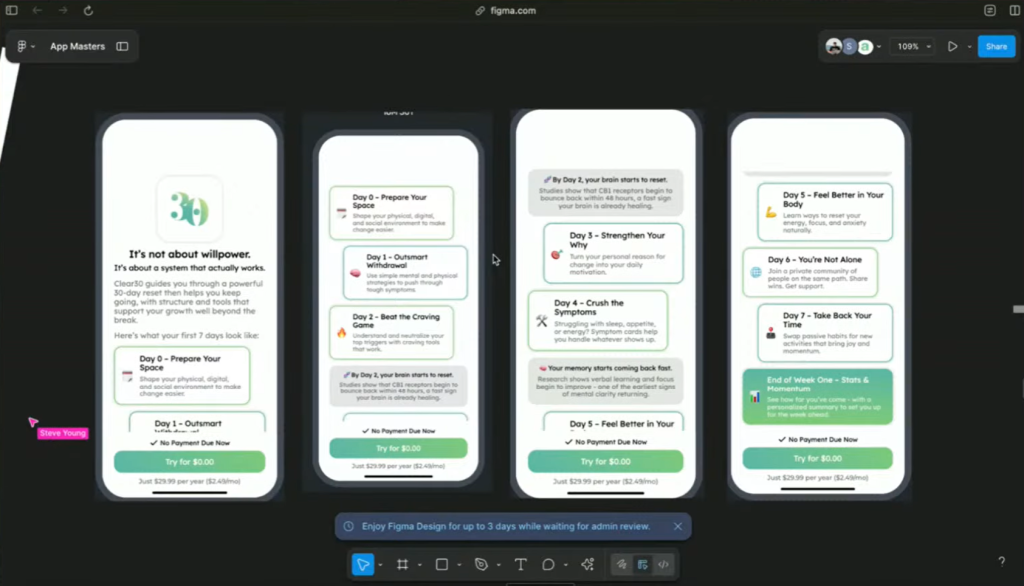 Four Clear30 mobile onboarding screens showing the first seven days of the 30-day reset program. Each screen lists daily steps from Day 0 'Prepare Your Space' to Day 7 'Take Back Your Time' with progress guidance.