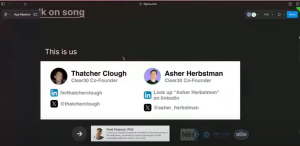 Slide titled 'This is us' featuring Clear30 co-founders. On the left, Thatcher Clough with LinkedIn and X (Twitter) handles. On the right, Asher Herbstman with instructions to find him on LinkedIn and his X handle.